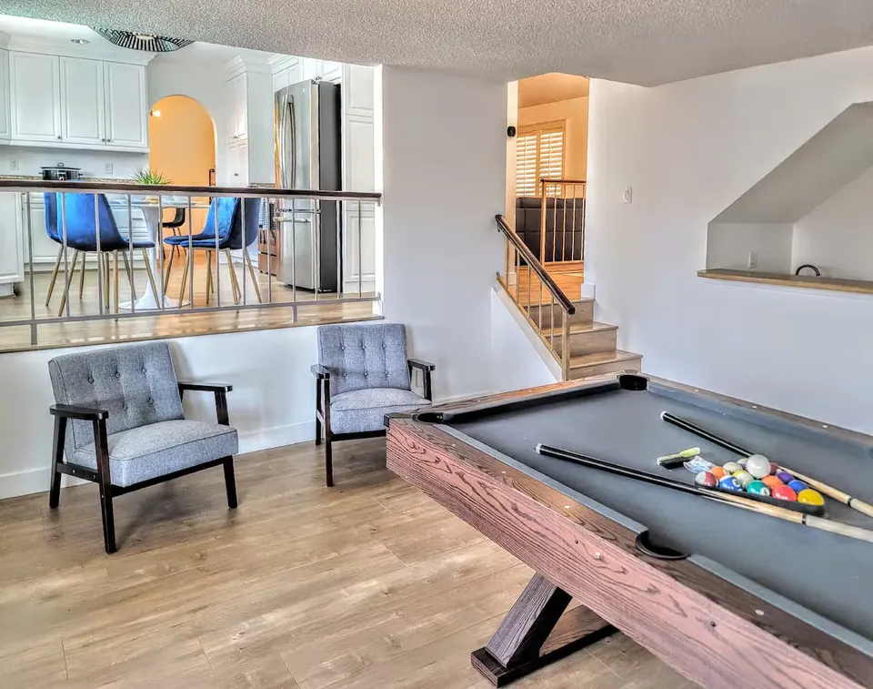 Family room seating and pool table