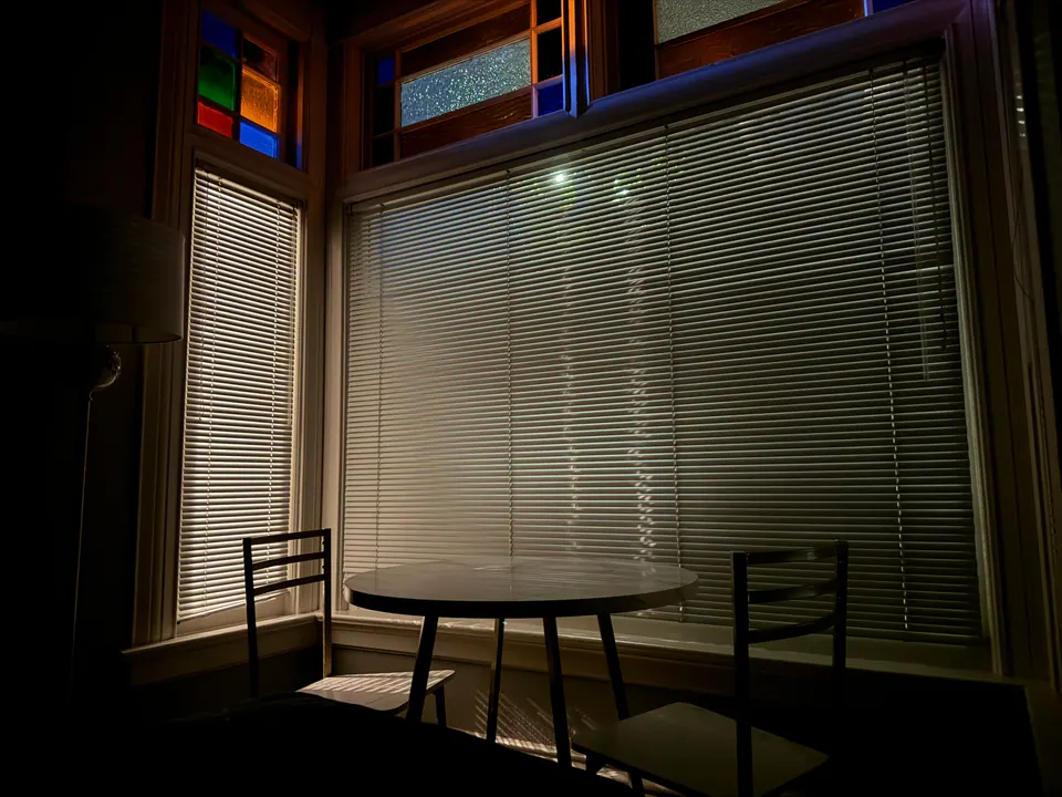 Bay window dining nook in the evening